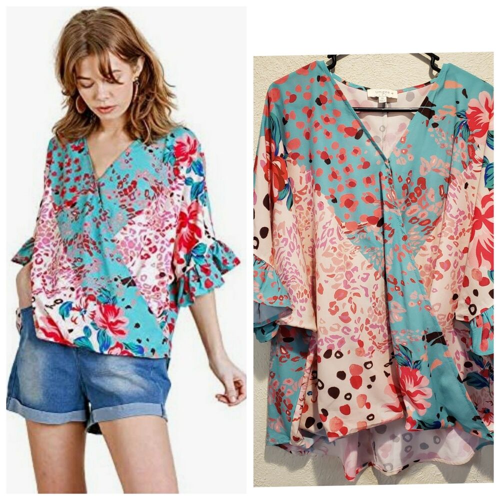 Umgee Turquoise Pink Floral Patchwork V-Neck Blouse